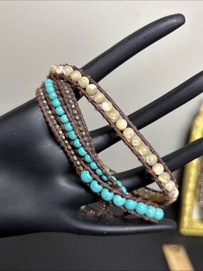 Lizou Boho Turquoise Cream Stone Beaded Leather Western Wrap Bracelet Jewelry